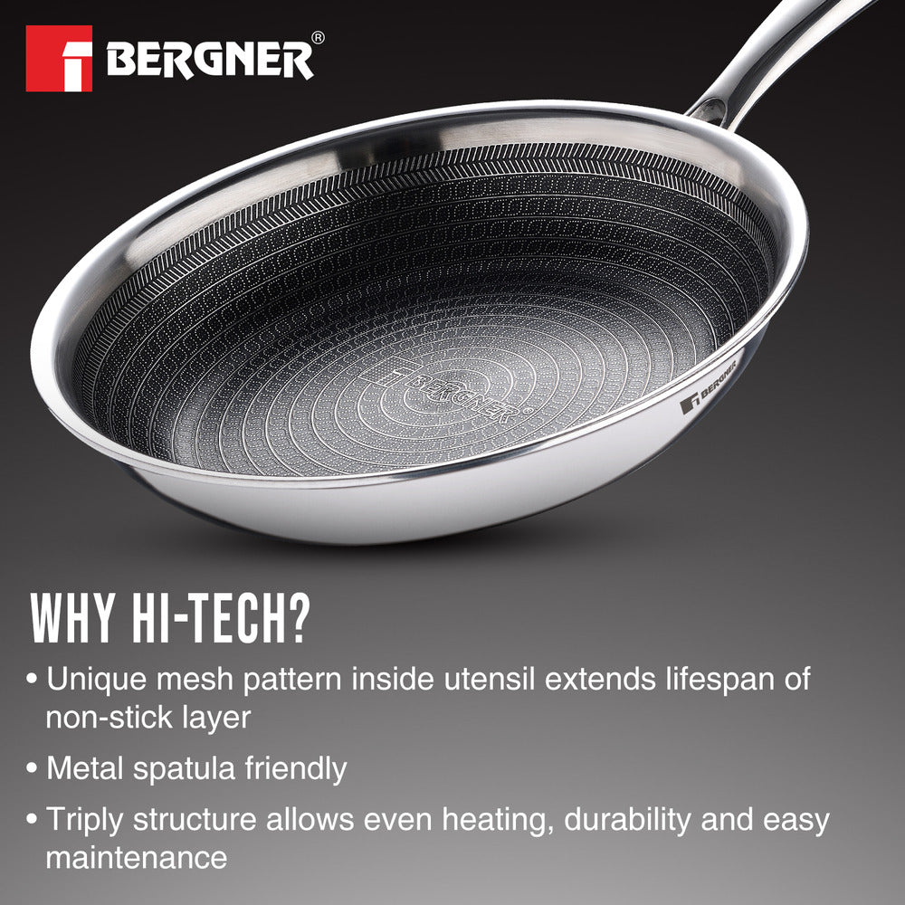 Bergner Hi-Tech TriPly Stainless Steel 20cm Fry Pan, Honeycomb Non-Stick, Induction Bottom