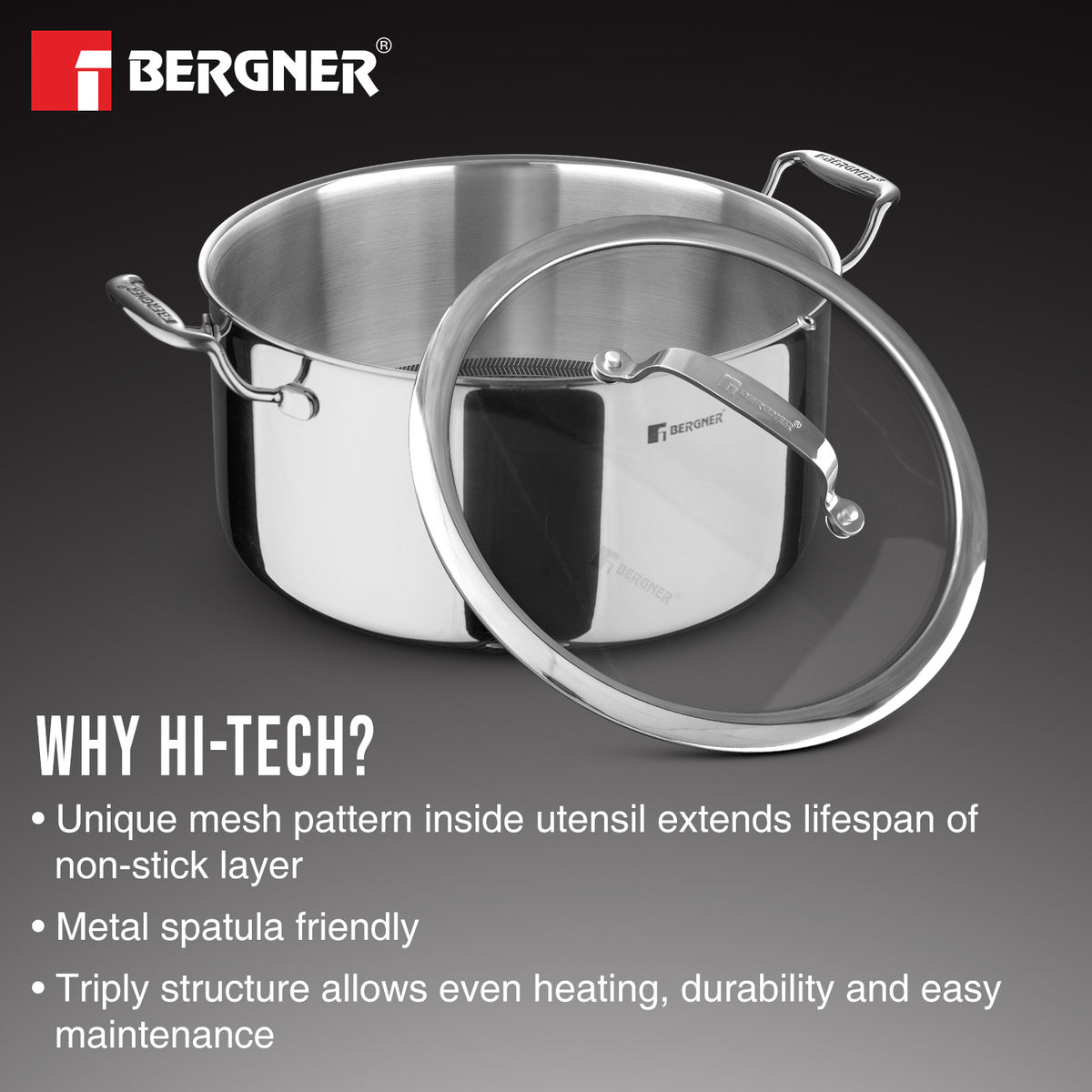 Hi-Tech Tri-Ply Non-Stick Stainless Steel Casserole with Induction Bottom