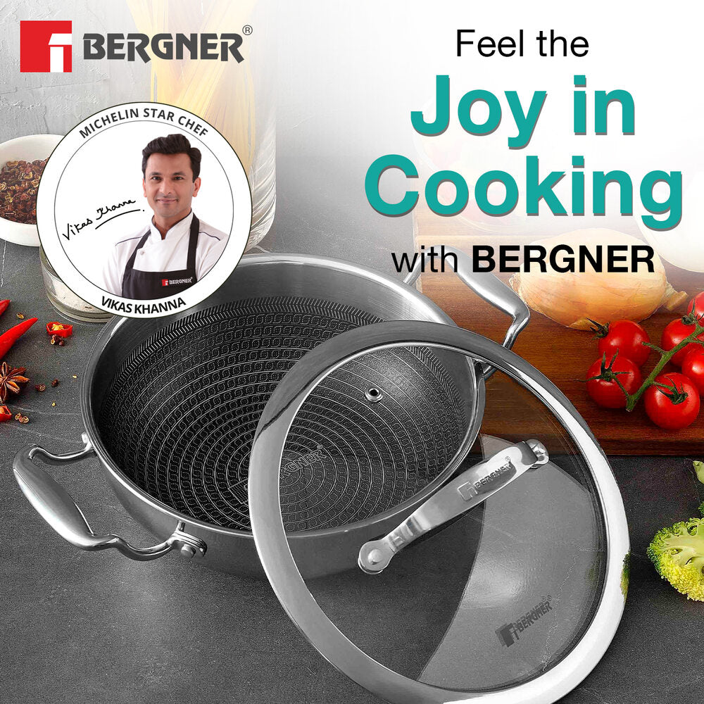 Bergner Hitech Tri-Ply Stainless Steel Non-Stick Kadai - Induction Bottom