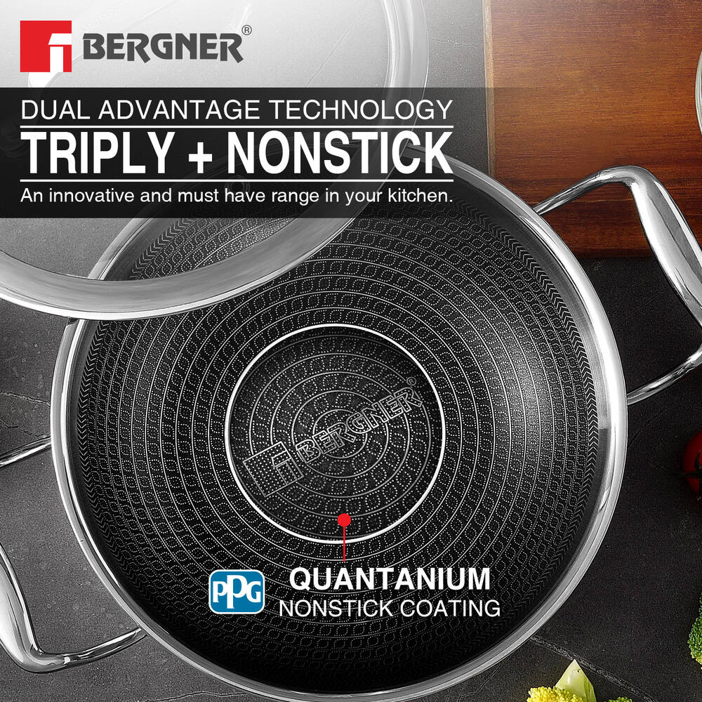 Bergner Hitech Tri-Ply Stainless Steel Non-Stick Kadai - Induction Bottom