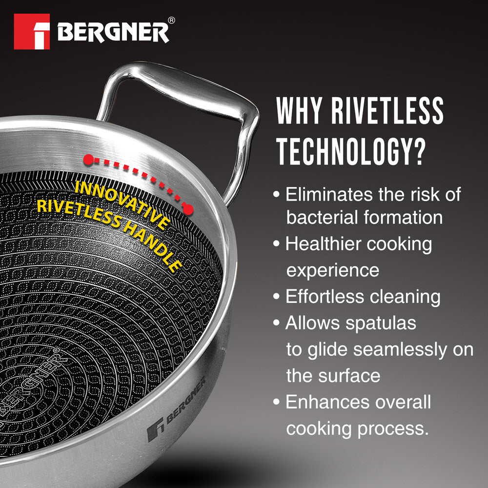 Bergner Hi-Tech Tri-Ply Stainless Steel Non-Stick Kadai with Glass Lid, Induction Safe