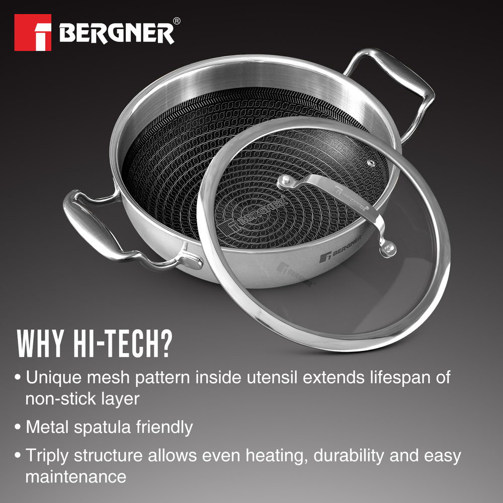 Bergner Hitech Tri-Ply Stainless Steel Non-Stick Kadai - Induction Bottom