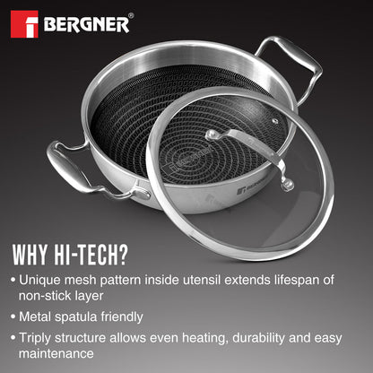 Bergner Hitech Tri-Ply Stainless Steel Non-Stick Kadai - Induction Bottom