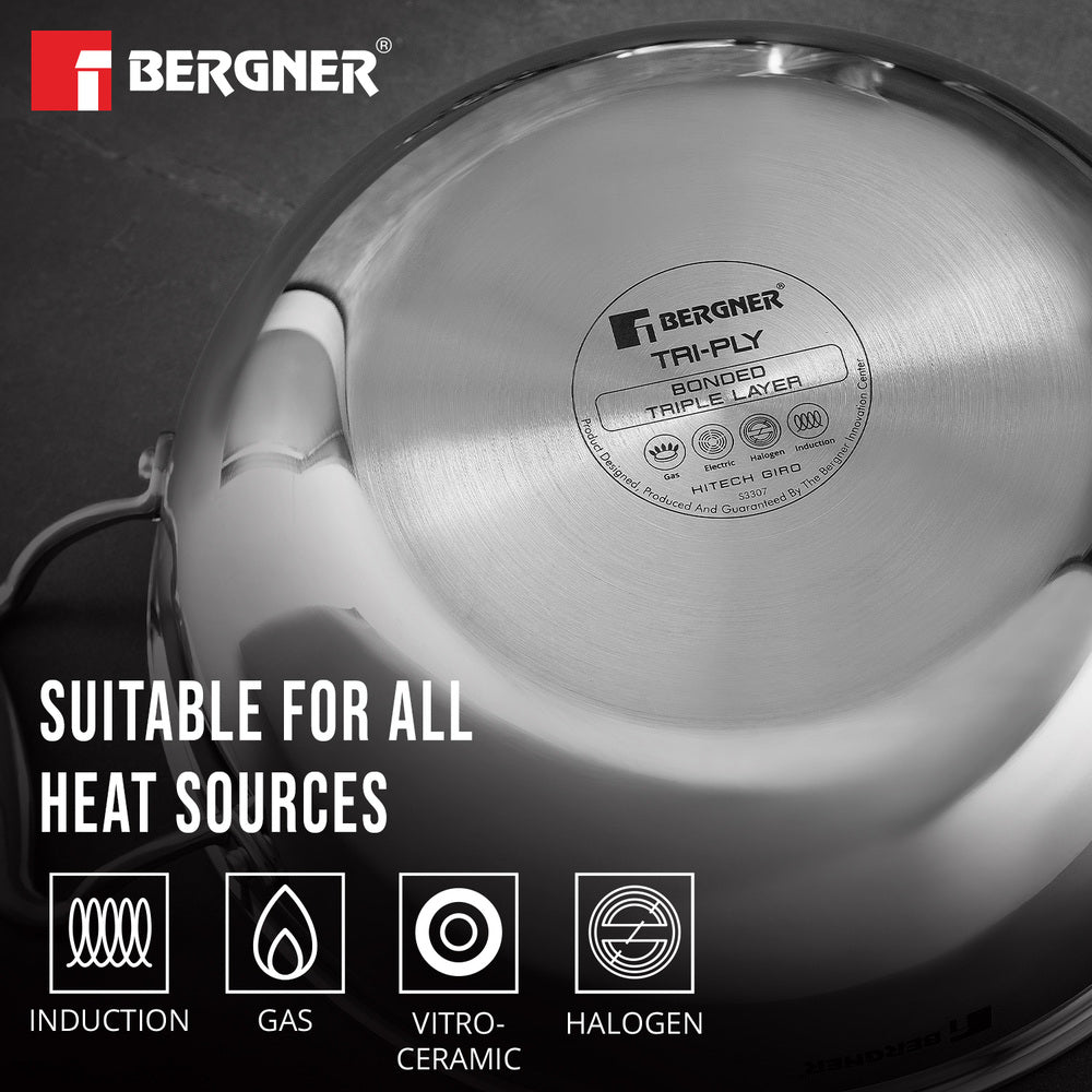 Bergner Hi-Tech Tri-Ply Stainless Steel Non-Stick Kadai with Glass Lid, Induction Safe