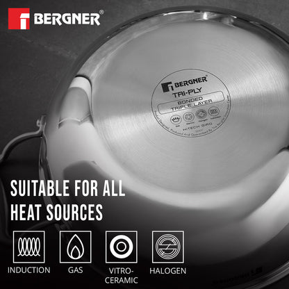 Bergner Hitech Tri-Ply Stainless Steel Non-Stick Kadai - Induction Bottom