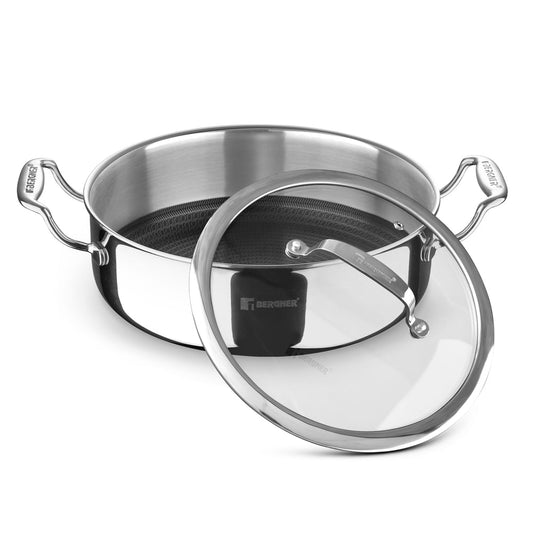 Bergner Hi-Tech Tri-Ply Stainless Steel Non-Stick Serving Pan with Glass Lid, 11-inch, 10-quart Capacity