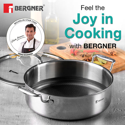 Bergner Hi-Tech Tri-Ply Stainless Steel Non-Stick Serving Pan with Glass Lid, 11-inch, 10-quart Capacity