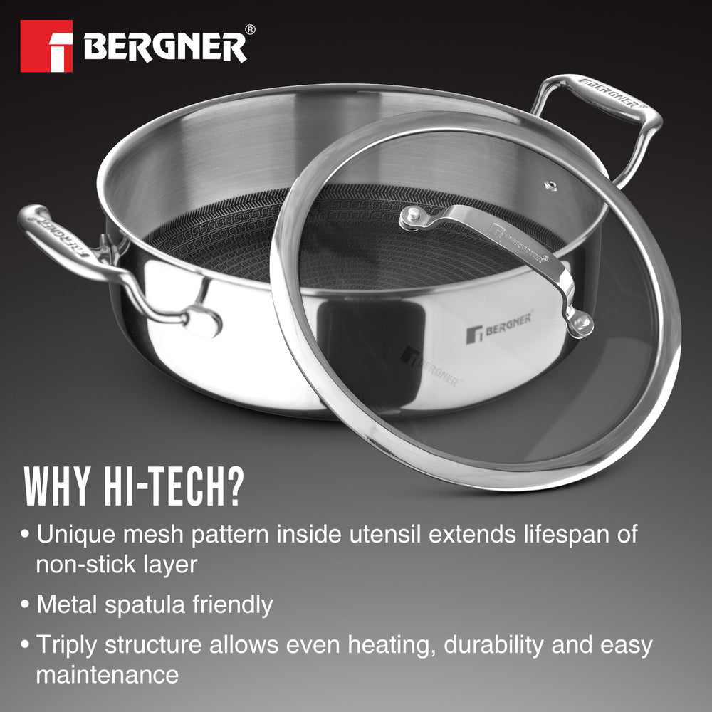 Bergner Hi-Tech Tri-Ply Stainless Steel Non-Stick Serving Pan with Glass Lid, 11-inch, 10-quart Capacity