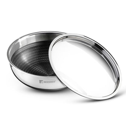 Bergner Hi-Tech Tri-Ply Stainless Steel Non-Stick Tasra Kadai, Induction Cookware