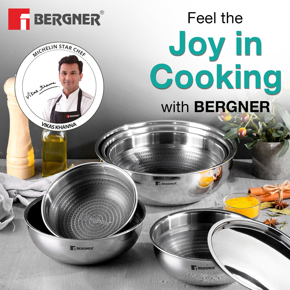 Bergner Hi-Tech Tri-Ply Stainless Steel Non-Stick Tasra Kadai, Induction Cookware
