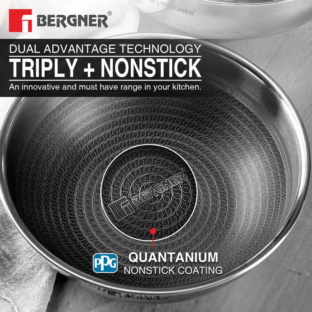 Bergner Hi-Tech Tri-Ply Stainless Steel Non-Stick Tasra Kadai, Induction Cookware