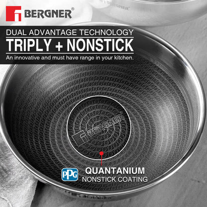 Bergner Hi-Tech Tri-Ply Stainless Steel Non-Stick Tasra Kadai, Induction Cookware