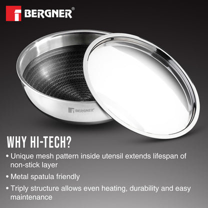 Bergner Hi-Tech Tri-Ply Stainless Steel Non-Stick Tasra Kadai, Induction Cookware