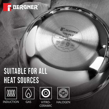 Bergner Hi-Tech Tri-Ply Stainless Steel Non-Stick Tasra Kadai, Induction Cookware