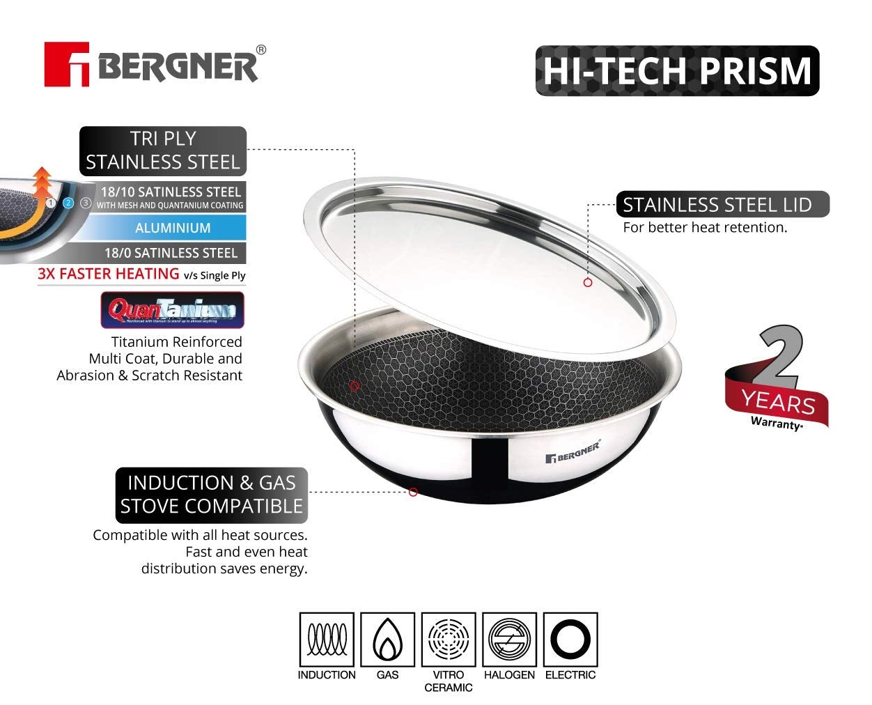 Hitech Tri-Ply Stainless Steel Non-Stick Tasra, Induction Bottom, PFOA-Free Cookware