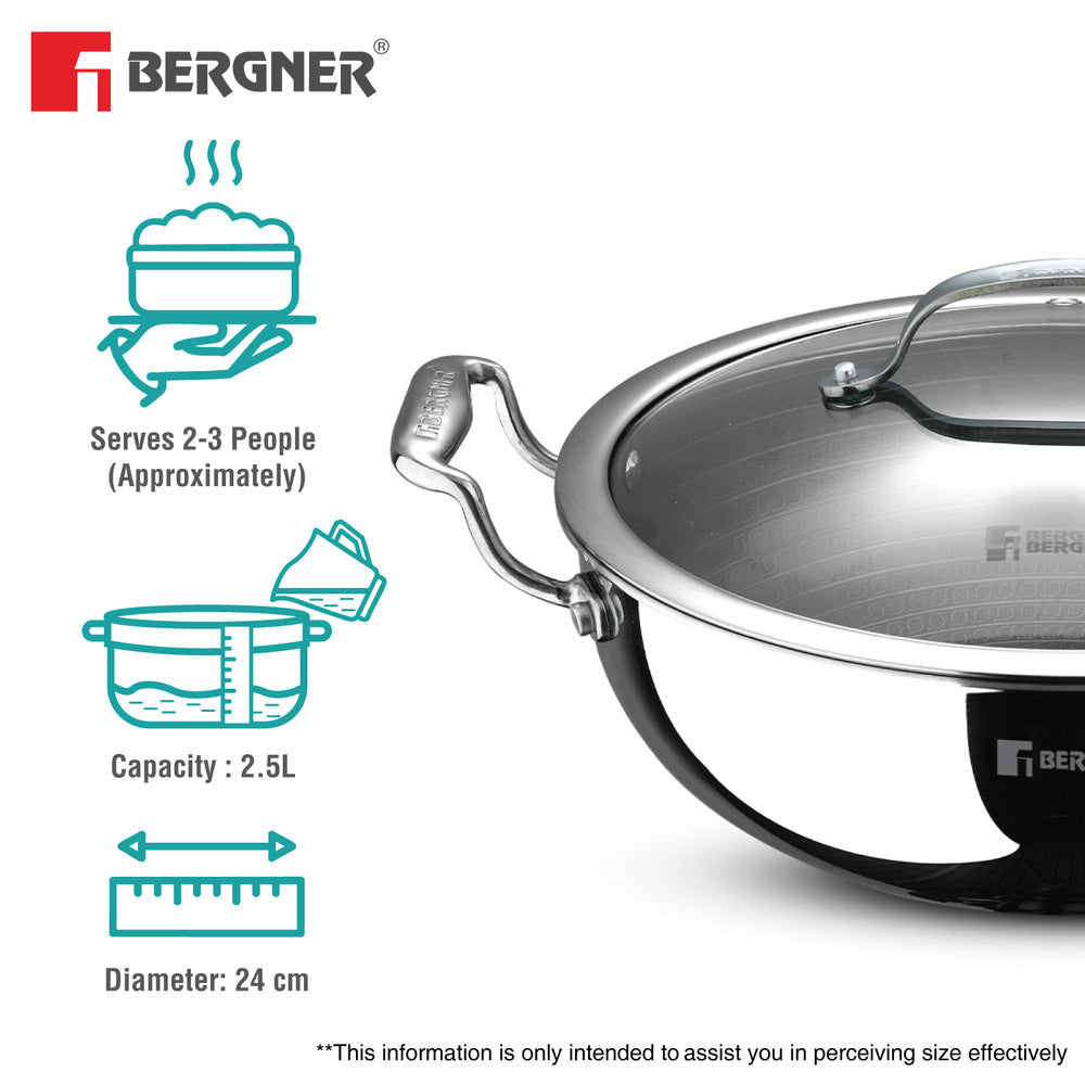 Bergner Hi-Tech Giro X 24cm Ceramic Kadai with Glass Lid, Induction Safe, Non-Stick