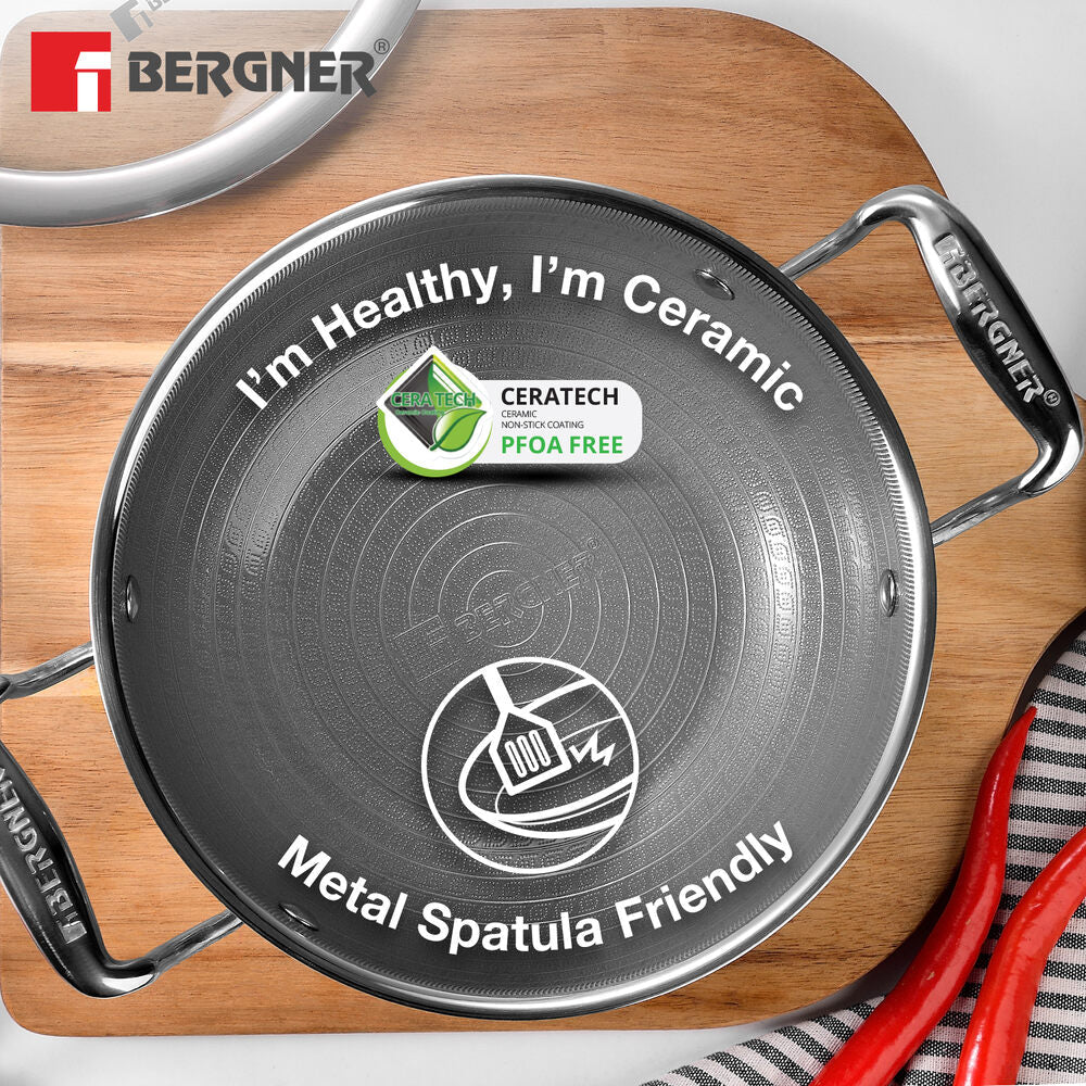 Bergner Hi-Tech Giro X 24cm Ceramic Kadai with Glass Lid, Induction Safe, Non-Stick
