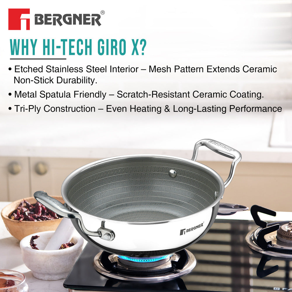 Bergner Hi-Tech Giro X 24cm Ceramic Kadai with Glass Lid, Induction Safe, Non-Stick