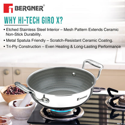 Bergner Hi-Tech Giro X 24cm Ceramic Kadai with Glass Lid, Induction Safe, Non-Stick