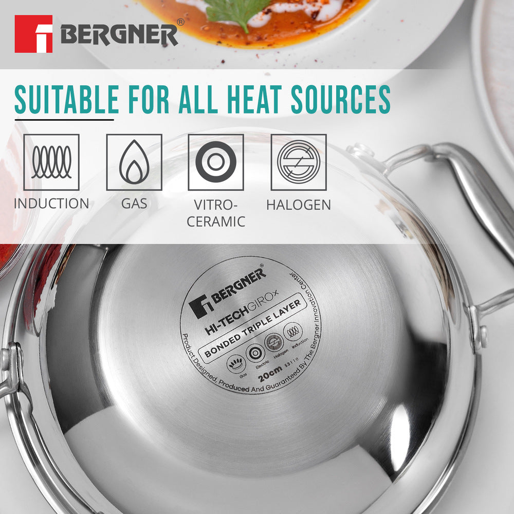Bergner Hi-Tech Giro X 24cm Ceramic Kadai with Glass Lid, Induction Safe, Non-Stick