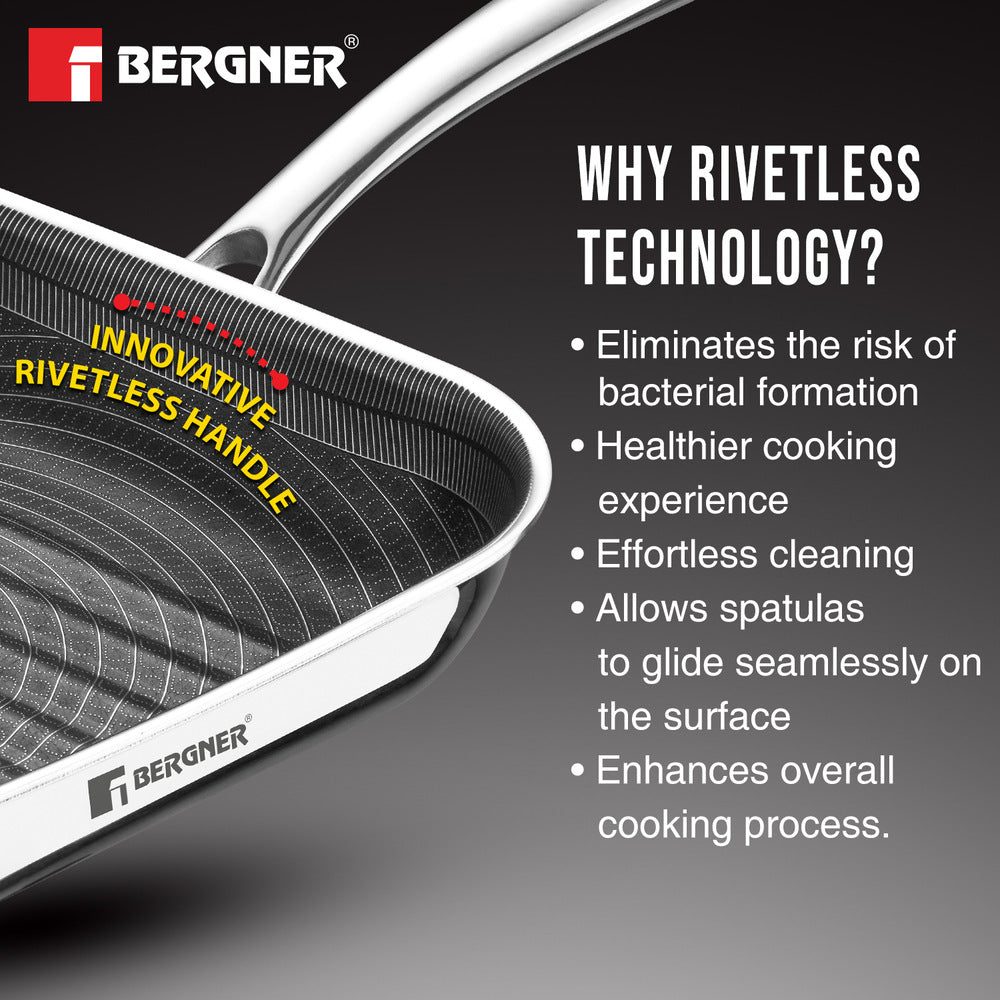 Bergner Tri-Ply Stainless Steel Non-Stick 9.45-inch Induction Grill Pan