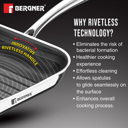 Bergner Tri-Ply Stainless Steel Non-Stick 9.45-inch Induction Grill Pan