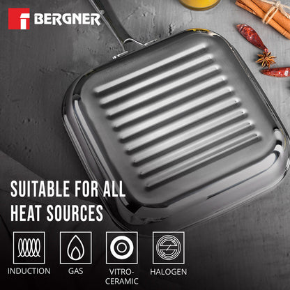 Bergner Tri-Ply Stainless Steel Non-Stick 9.45-inch Induction Grill Pan