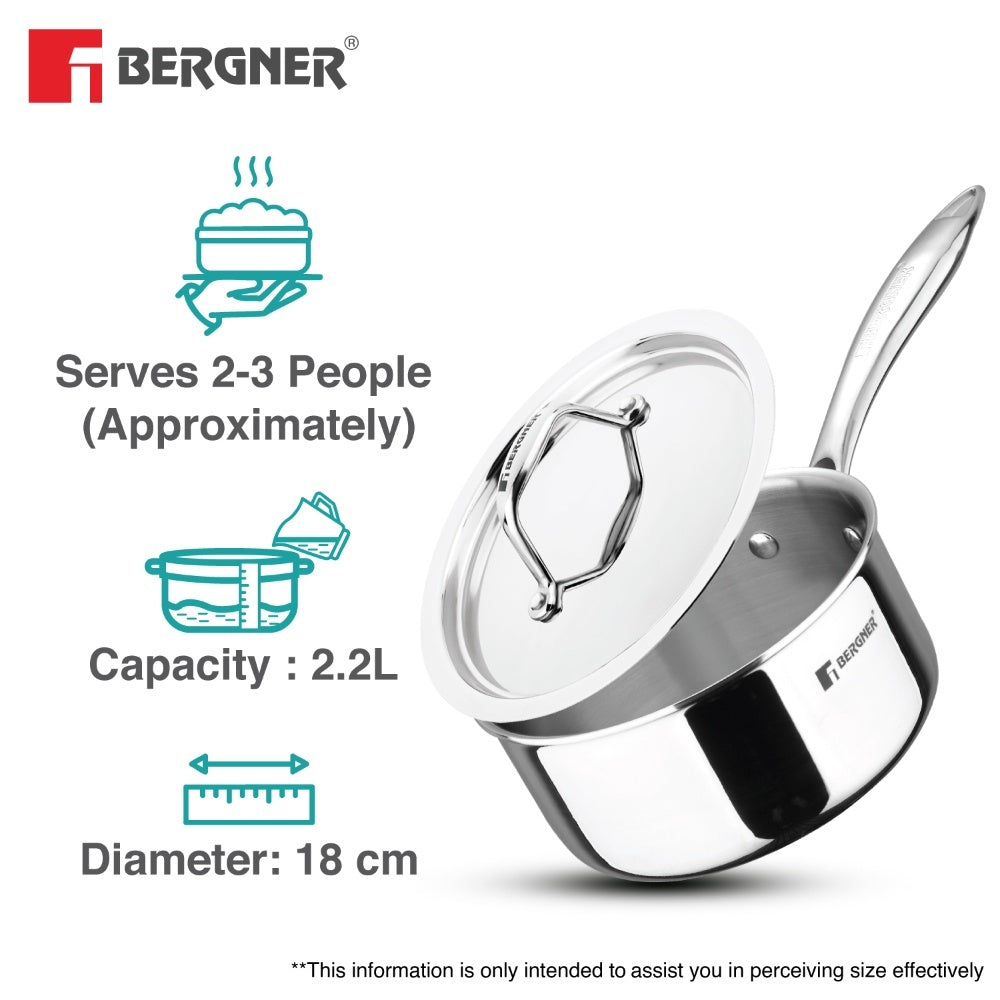 Bergner Argent Tri-Ply Stainless Steel 2.2L Induction Saucepan with Stay-Cool Handle