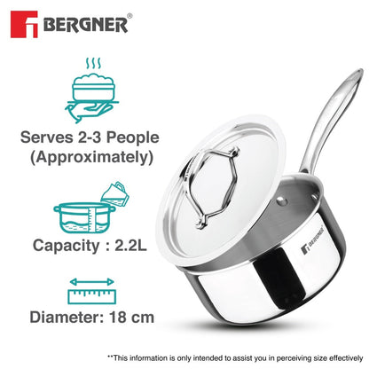 Bergner Argent Tri-Ply Stainless Steel 2.2L Induction Saucepan with Stay-Cool Handle