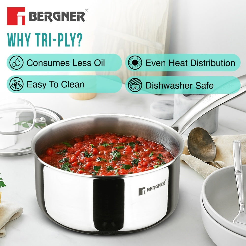 Bergner Argent Tri-Ply Stainless Steel 2.2L Induction Saucepan with Stay-Cool Handle