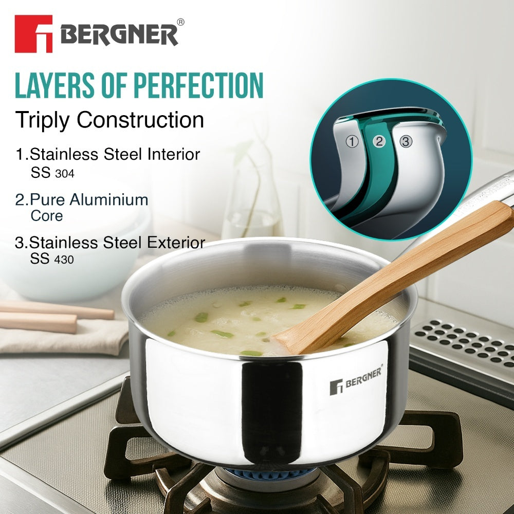 Bergner Argent Tri-Ply Stainless Steel 2.2L Induction Saucepan with Stay-Cool Handle