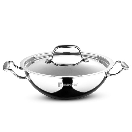 Bergner Argent Tri-Ply Stainless Steel Kadai with Lid, 6.1-Quart Multi-Stove