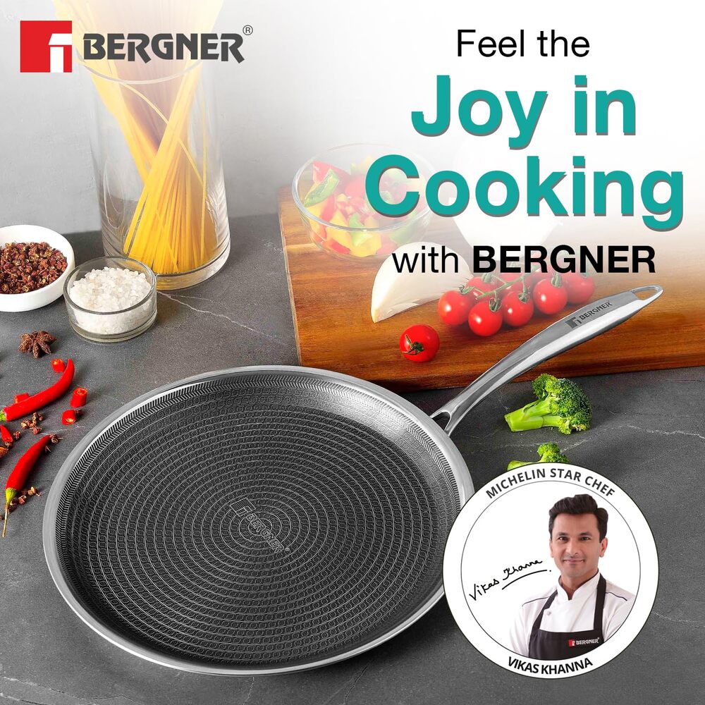 Bergner Tri-Ply Hi-Tech Giro 28cm Dosa Tawa: Non-Stick Honeycomb, Induction Ready