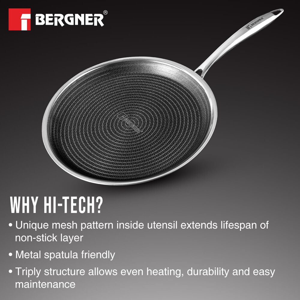 Bergner Tri-Ply Hi-Tech Giro 28cm Dosa Tawa: Non-Stick Honeycomb, Induction Ready