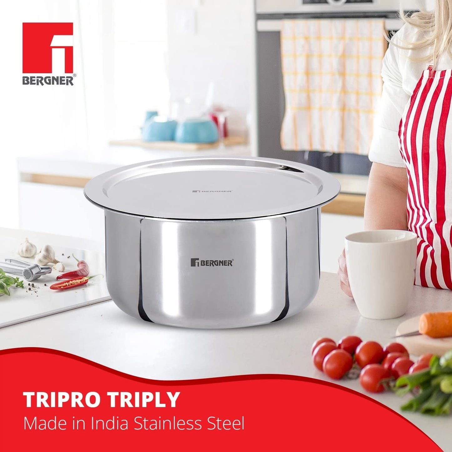 Bergner TriPro Tri-Ply Stainless Steel 6L Tope with Lid for Induction Gas