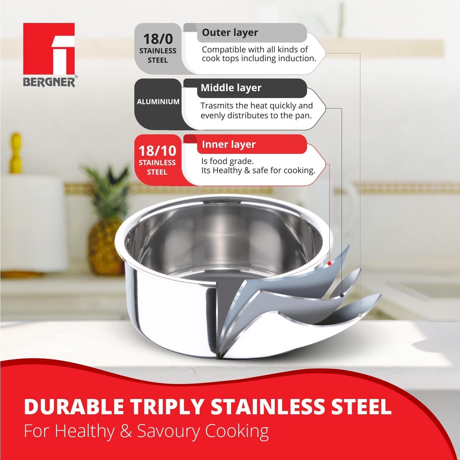 Bergner TriPro Tri-Ply Stainless Steel 6L Tope with Lid for Induction Gas