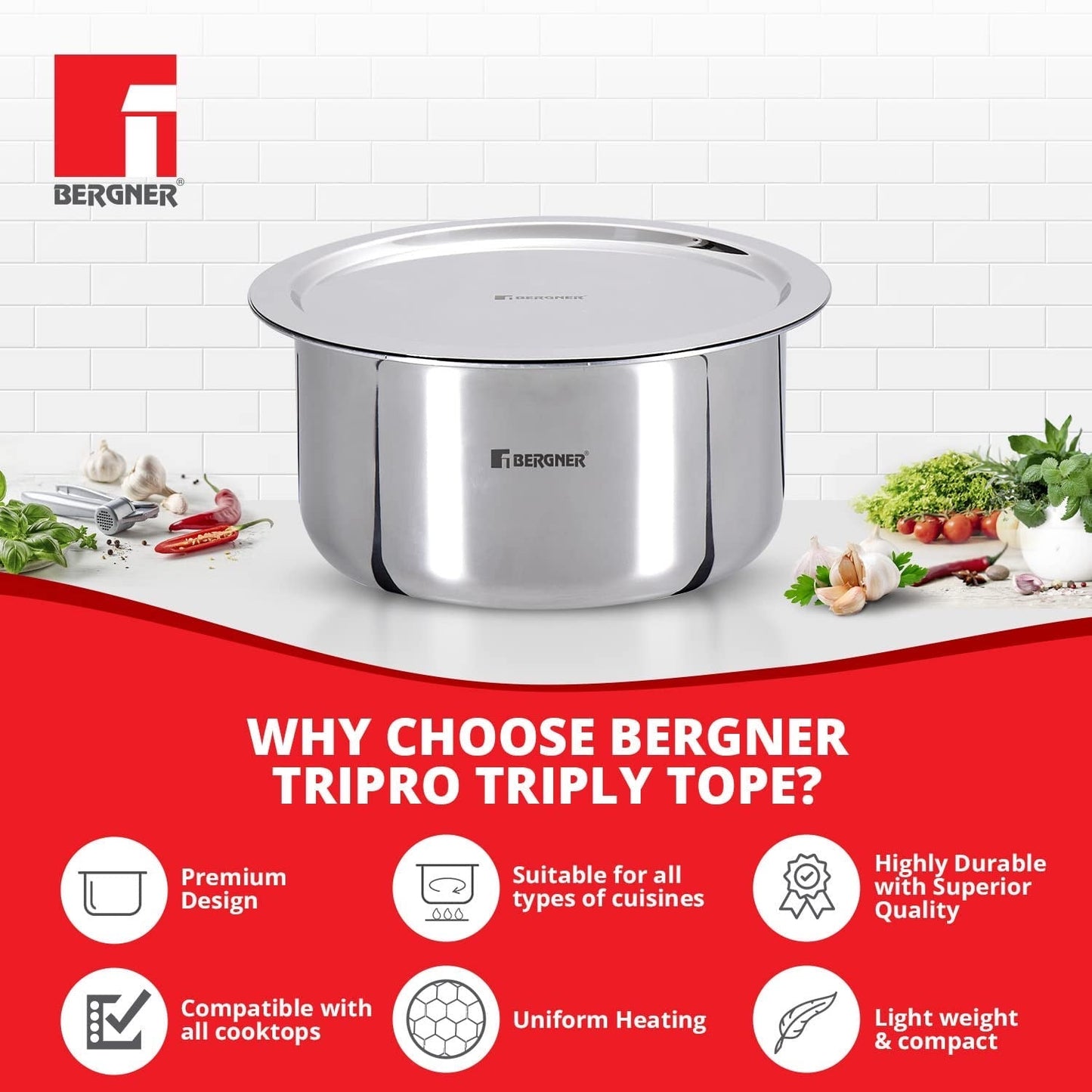 Bergner TriPro Tri-Ply Stainless Steel 6L Tope with Lid for Induction Gas