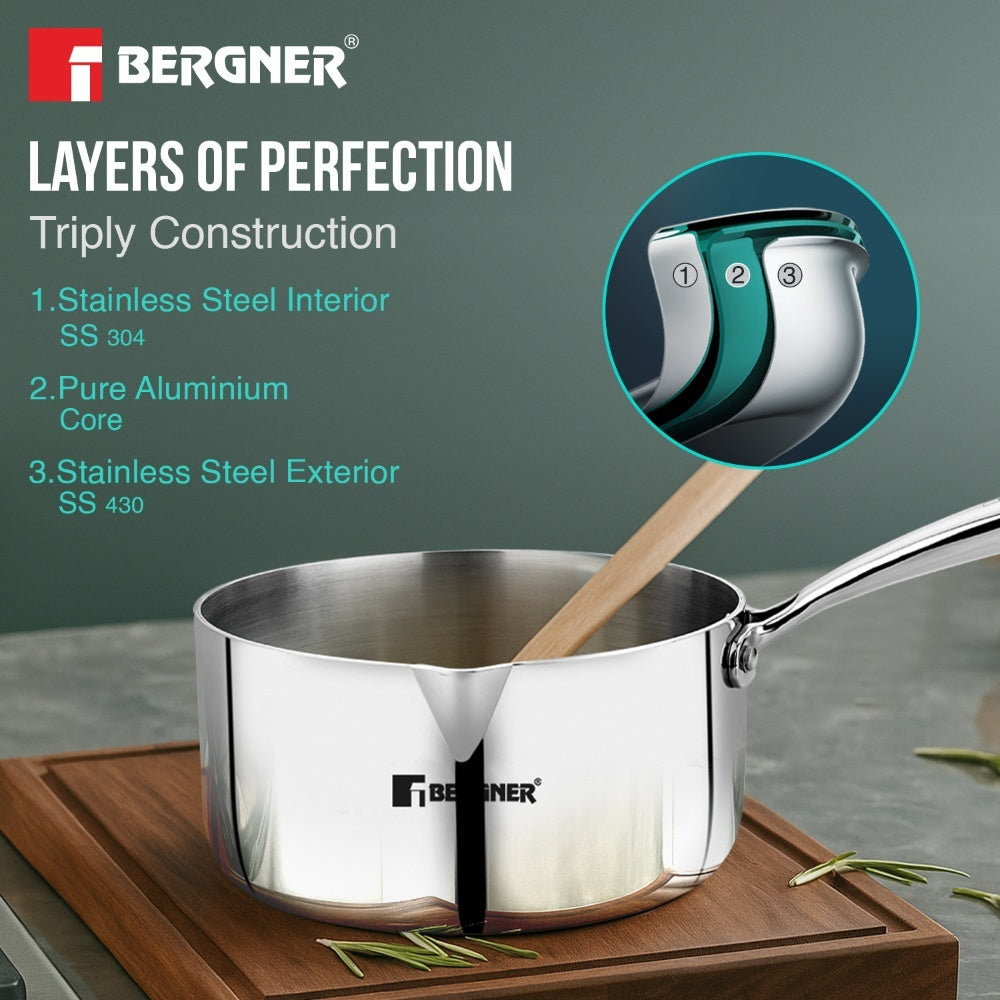 Argent Tri-Ply Stainless Steel Milkpan Saucepan, 1.7L Induction Bottom Pour Spout