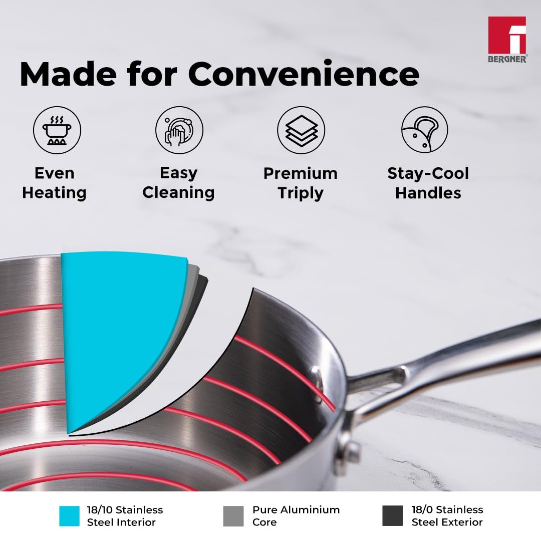 Bergner Argent Tri-Ply Stainless Steel 16cm Saucepan with Induction Bottom