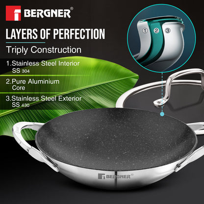 Bergner Argent Samsara Tri-Ply Stainless Steel 21cm Non-Stick Appachetty Cookware