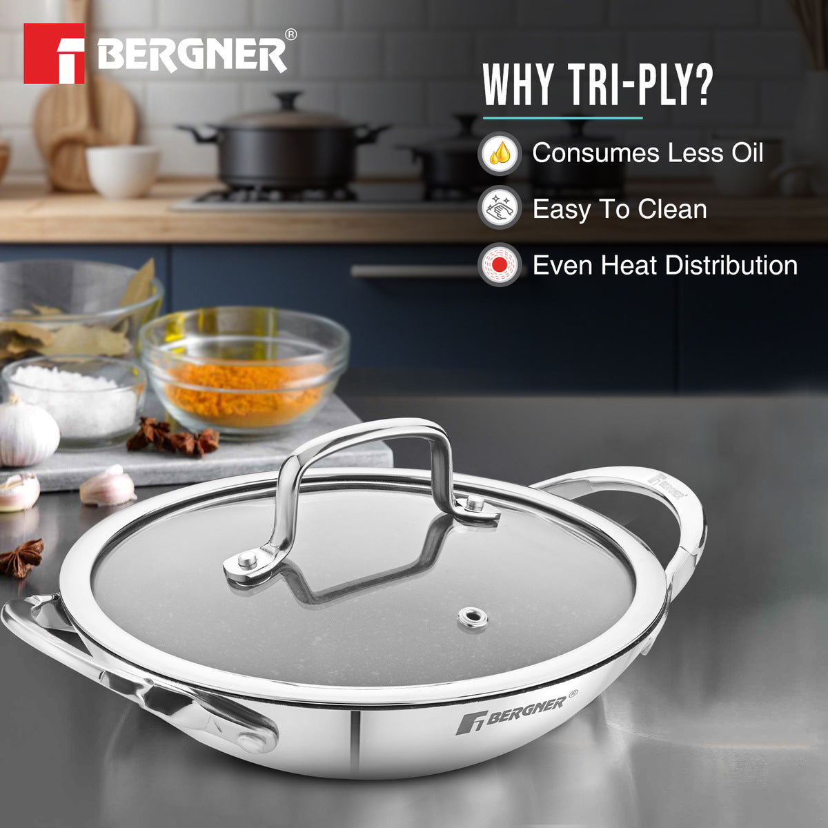 Bergner Argent Samsara Tri-Ply Stainless Steel 21cm Non-Stick Appachetty Cookware