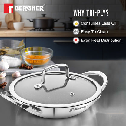 Bergner Argent Samsara Tri-Ply Stainless Steel 21cm Non-Stick Appachetty Cookware