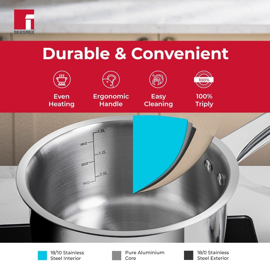 TriPro Tri-Ply Stainless Steel Saucepan, Induction Compatible, Ergonomic Handle