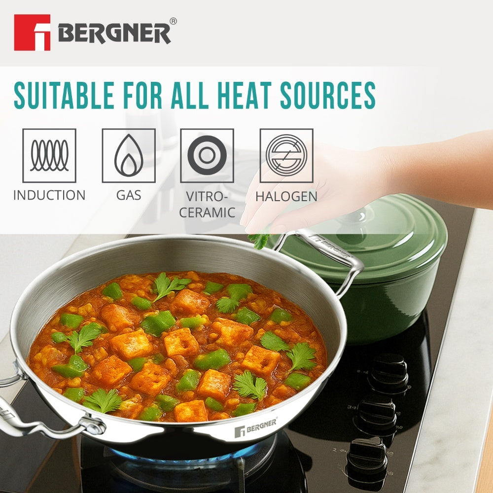 Bergner Argent Tri-Ply Stainless Steel Deep Kadai with Lid, Induction Ready, 2.3 Quart
