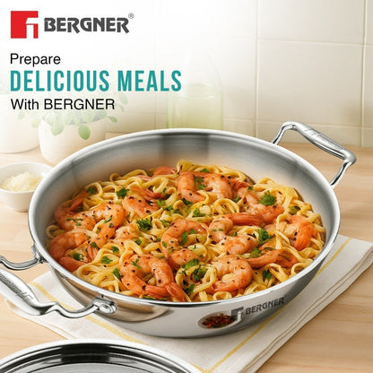 Bergner Argent Tri-Ply Stainless Steel Deep Kadai with Lid, Induction Ready, 2.3 Quart