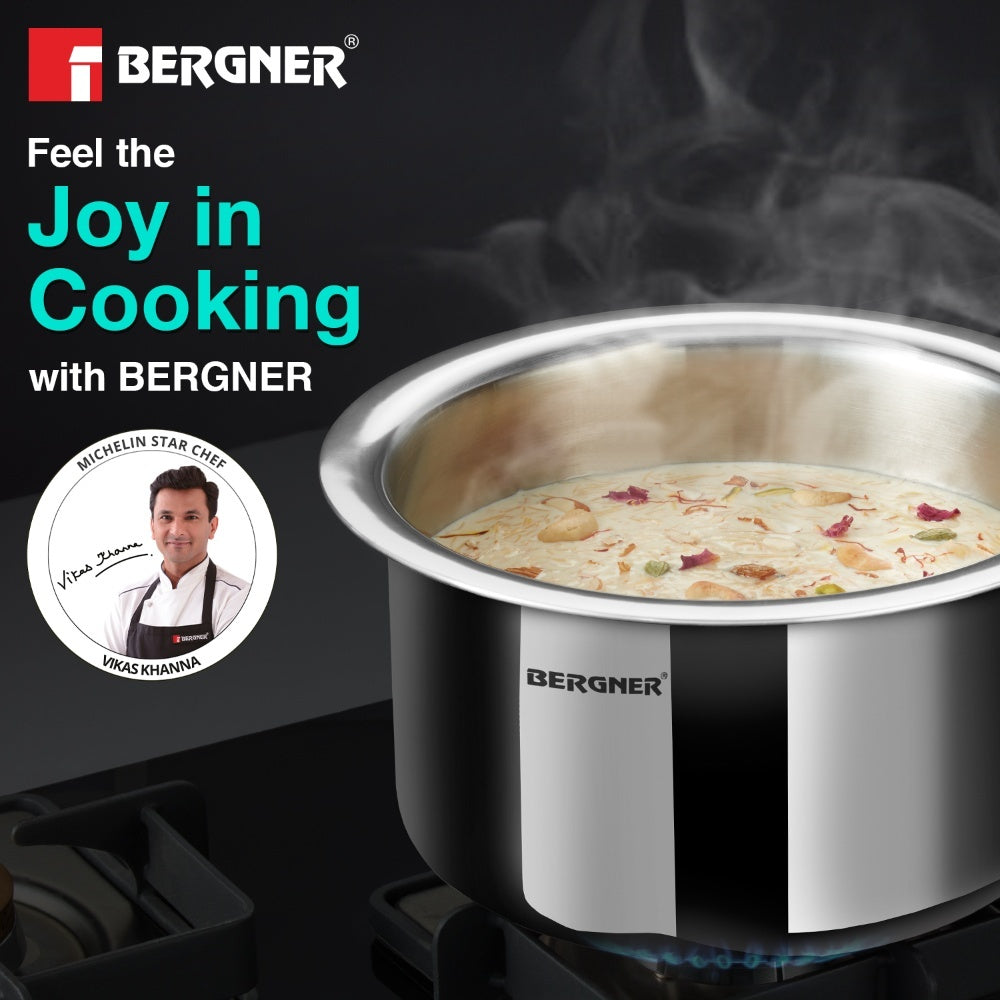Bergner Argent Tri-Ply Stainless Steel 24cm Tope with Lid, Induction Safe