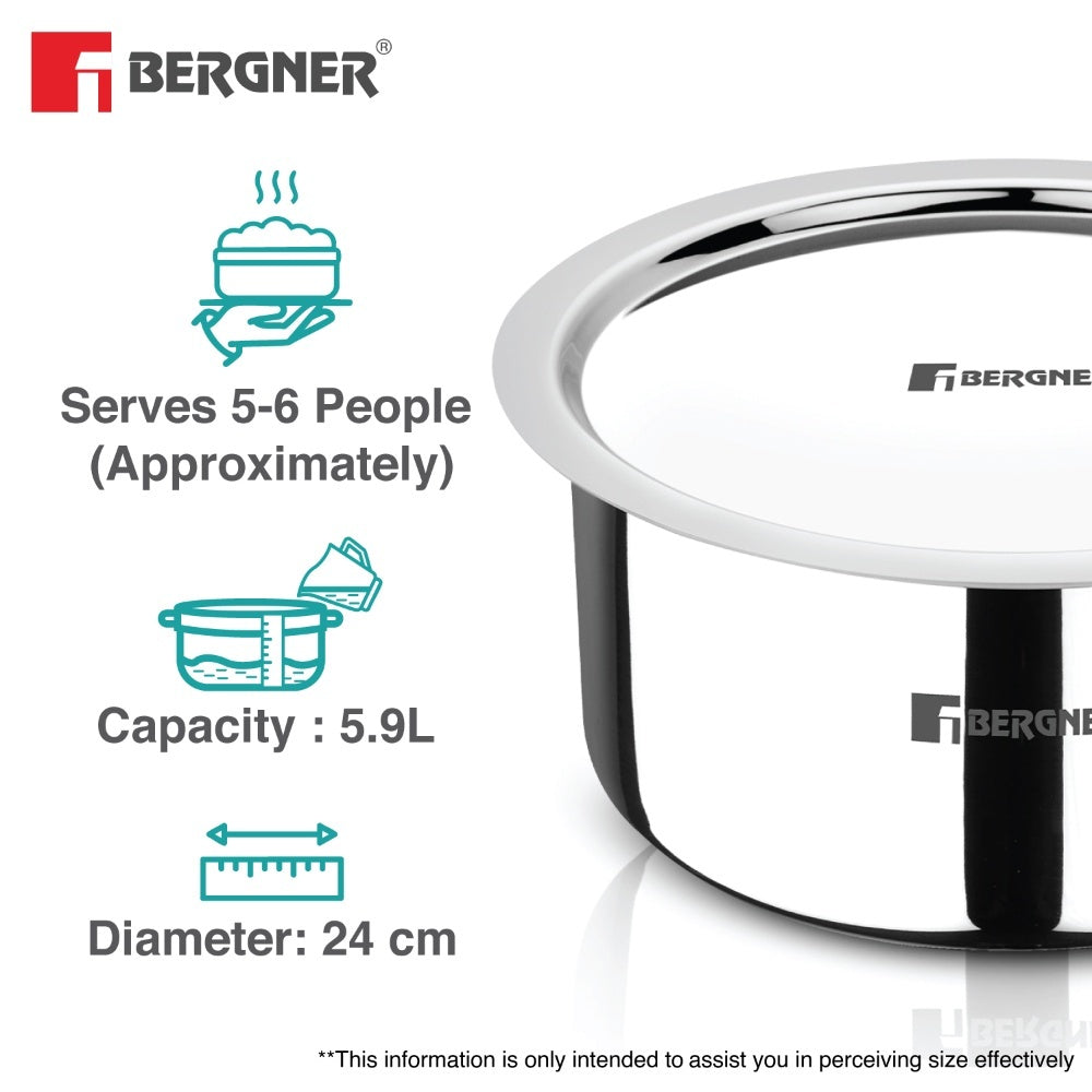 Bergner Argent Tri-Ply Stainless Steel 24cm Tope with Lid, Induction Safe
