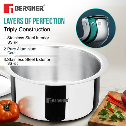 Bergner Argent Tri-Ply Stainless Steel 24cm Tope with Lid, Induction Safe