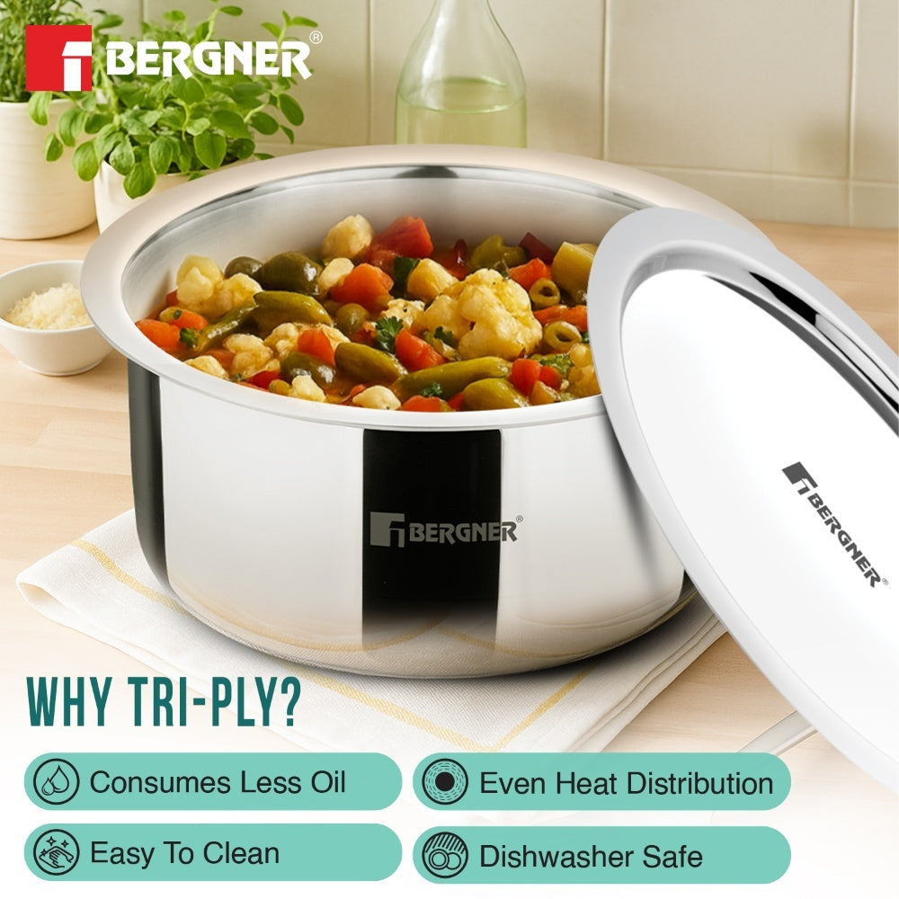 Bergner Argent Tri-Ply Stainless Steel 24cm Tope with Lid, Induction Safe