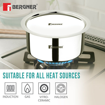 Bergner Argent Tri-Ply Stainless Steel 24cm Tope with Lid, Induction Safe